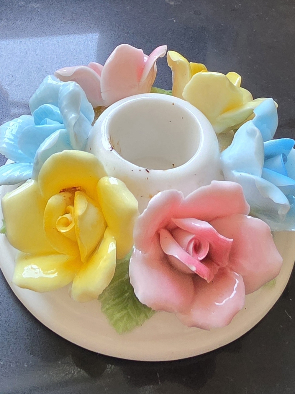 Vintage Porcelain Floral Candle Holder in Pastel Pink, Yellow & Blue